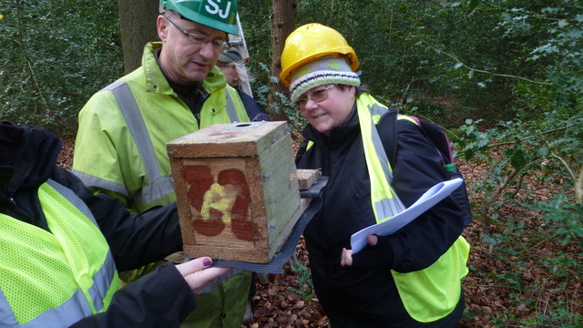 Friends of Adel Woods Inspecting a nest box in Adel Woods in January 2020.