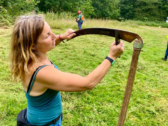 Friends of Adel Woods: sharpening a scythe in the orchid meadow on 12th August 2023