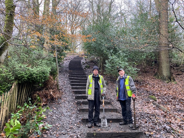Friends of Adel Woods working on the Stairfoot Lane steps in Adel Woods