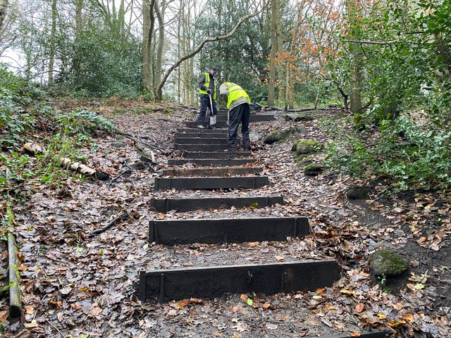 Friends of Adel Woods maintaining the Stairfoot Lane steps in Adel Woods