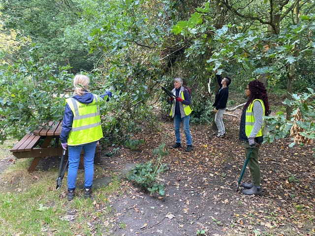 Friends of Adel Woods clearing away a fallen tree in the picnic area of Adel Woods on the 21st September 2024