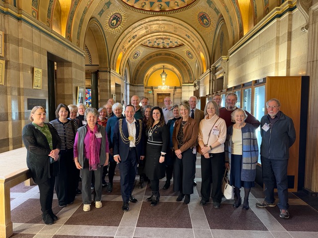 Members of Friends of Adel Woods, Friends of Wigton Moor and Friends of Heath Nursery Woods with Cllr Dan Cohen, the Lord Mayor of Leeds and the Lady Mayoress in the Civic Hall in Leeds