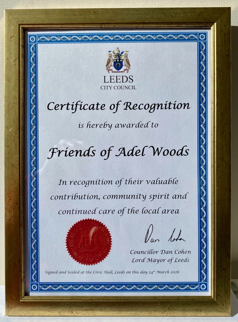 A certificate or recognition awarded to Friends of Adel Woods by the Lord Mayor of Leeds on 24th March 2026