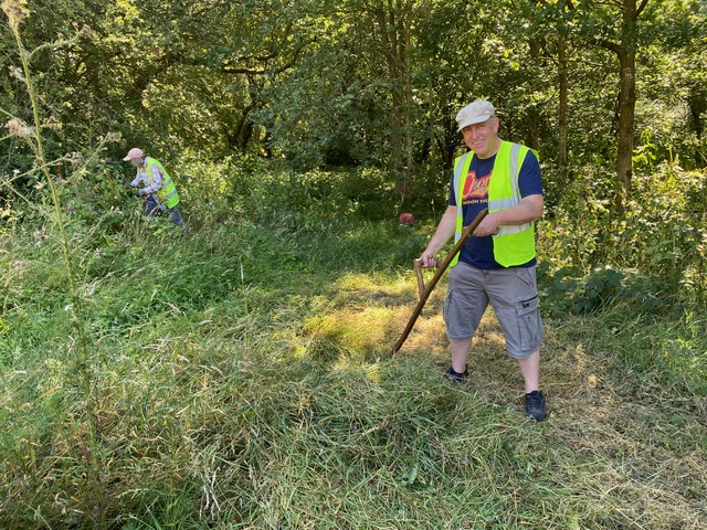 Friends of Adel Woods working on the orchid meadow in Adel Woods